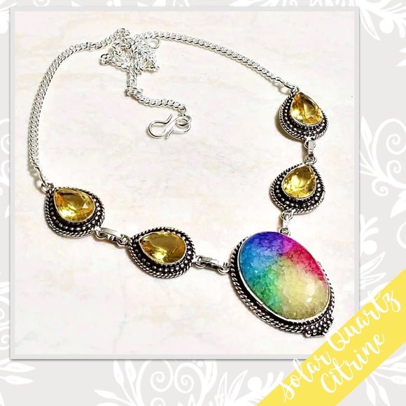 Jewelry - Rainbow Solar Quartz, Citrine Silver Necklace (Yellow, Green, Blue, Purple, Red)